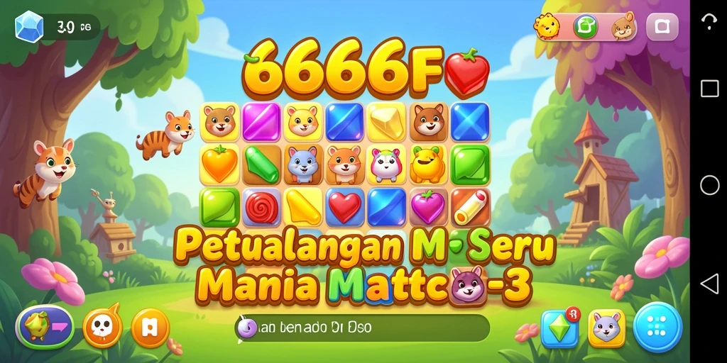 Tampilan gameplay seru di 666F dengan level Match-3 yang penuh warna.