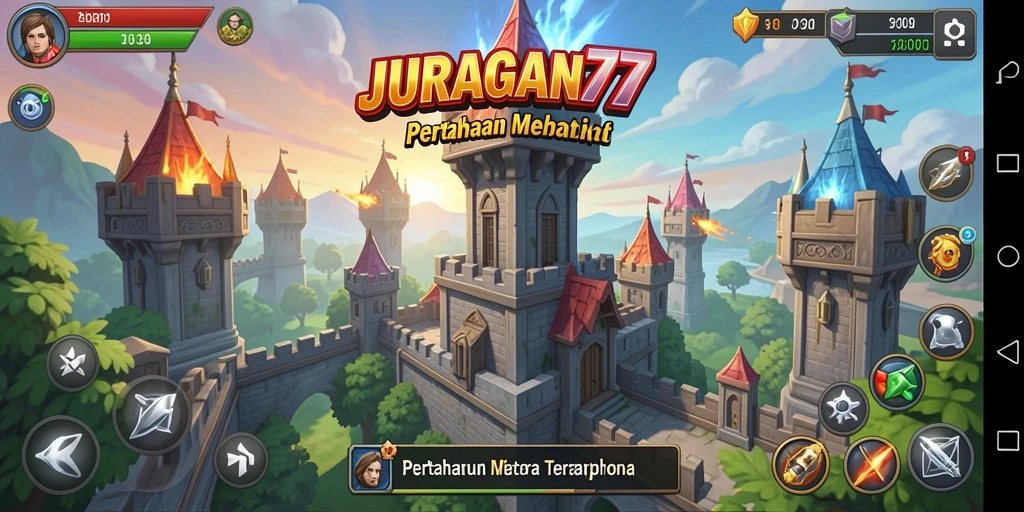 Tampilan gameplay seru di <strong>JURAGAN77</strong> dengan menara yang saling berinteraksi.