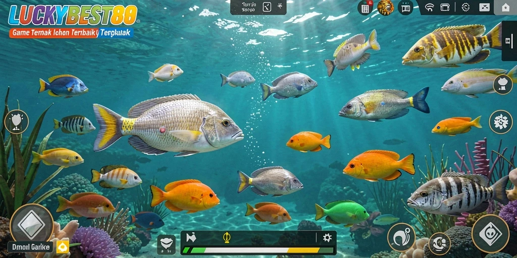 Gameplay seru LUCKYBEST88 dengan menembak ikan berwarna-warni.