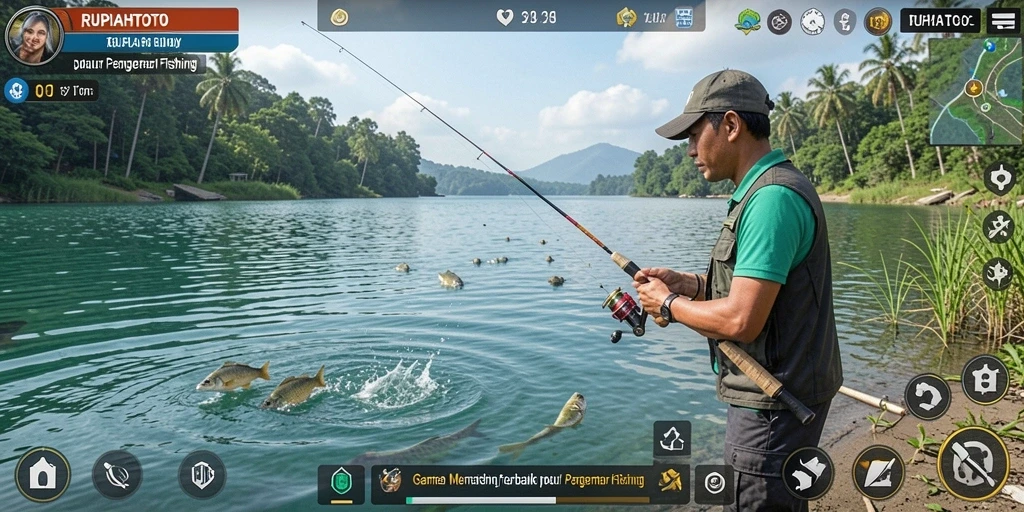 Tampilan gameplay seru dalam RUPIAHTOTO, menangkap ikan dengan teknik memancing yang beragam.